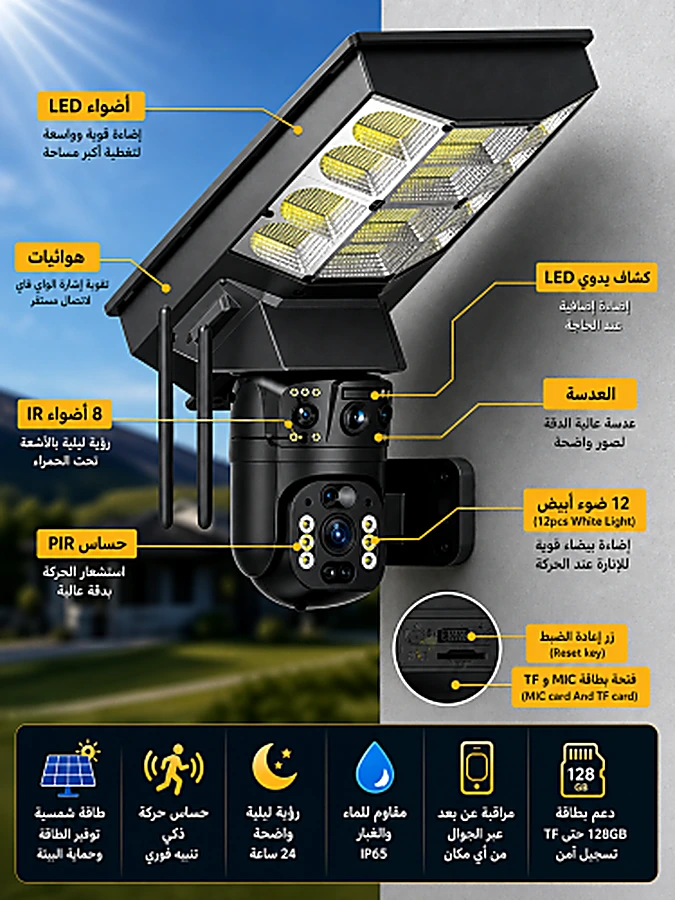 كشاف إنارة مع كاميرا مراقبة ذكية تعمل بالطاقة الشمسية